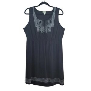 One World Beach Woman Tunic Top or Short Dress Large Black with White Embroidery